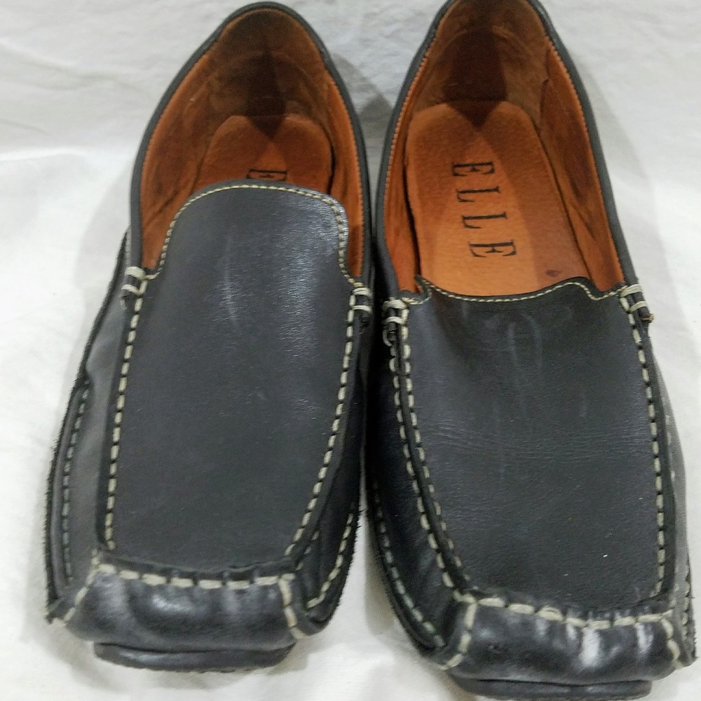 Elle Black Leather Driving Moccasins, Sz 8